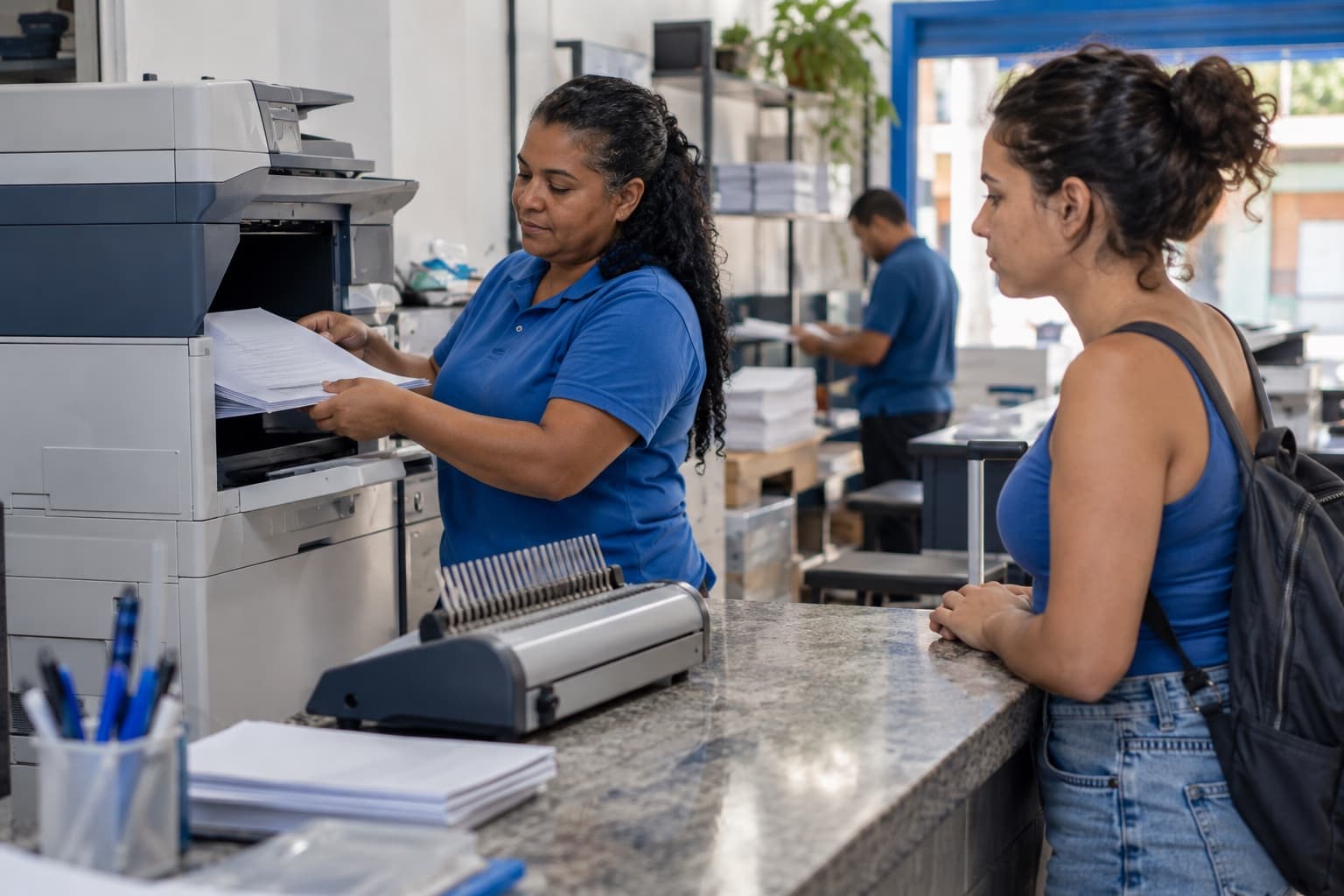 Atendente de copiadora retirando folhas impressas da máquina enquanto um estudante aguarda no balcão