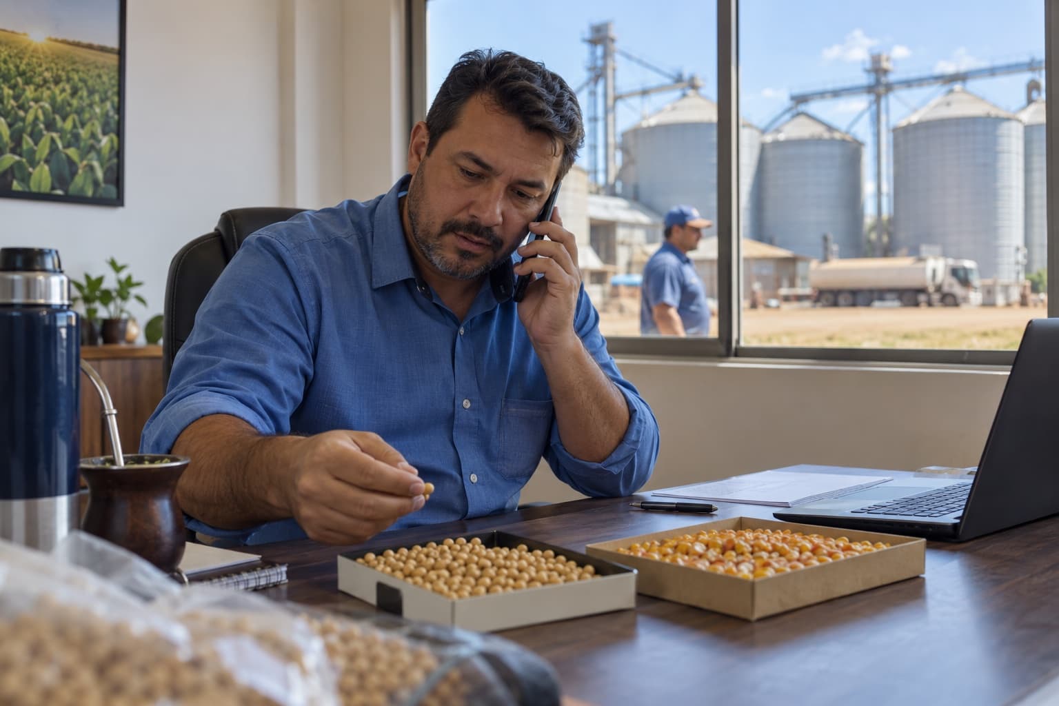 Corretor de camisa azul falando ao telefone num escritório de cidade agrícola, olhando amostras de soja e milho em bandejas sobre a mesa, com silos vistos pela janela