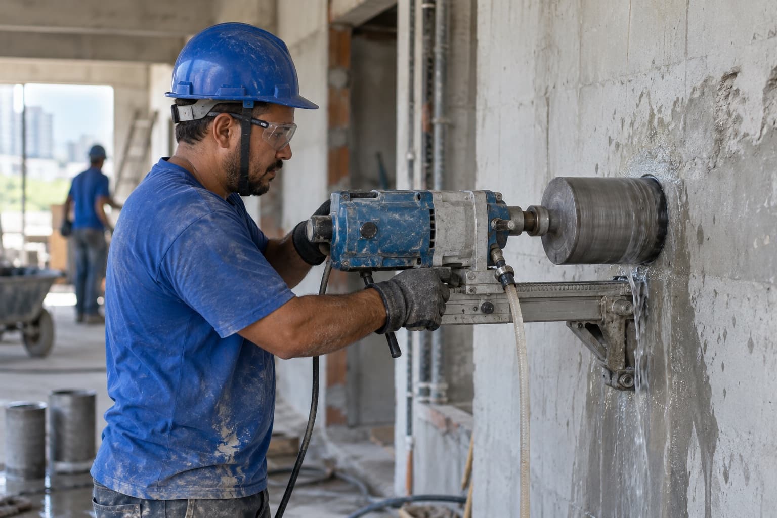 Operário de camisa azul com equipamento de segurança perfurando uma parede de concreto com perfuratriz de coroa diamantada e água de refrigeração