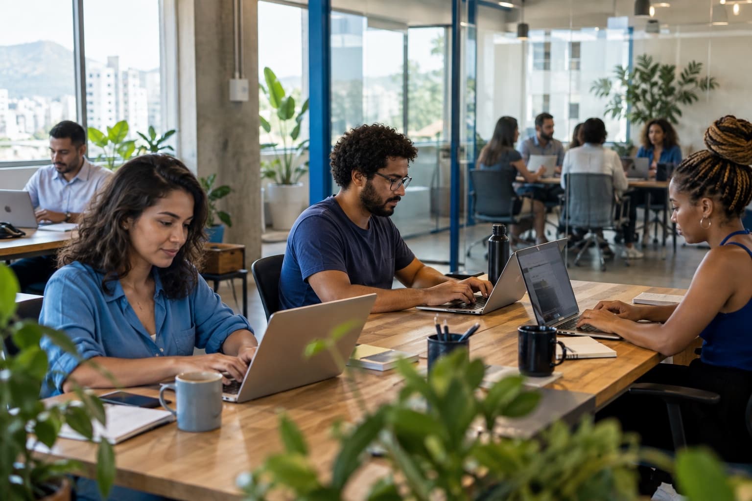 Pessoas trabalhando em notebooks em mesas compartilhadas de um coworking iluminado com sala de reunião de vidro ao fundo