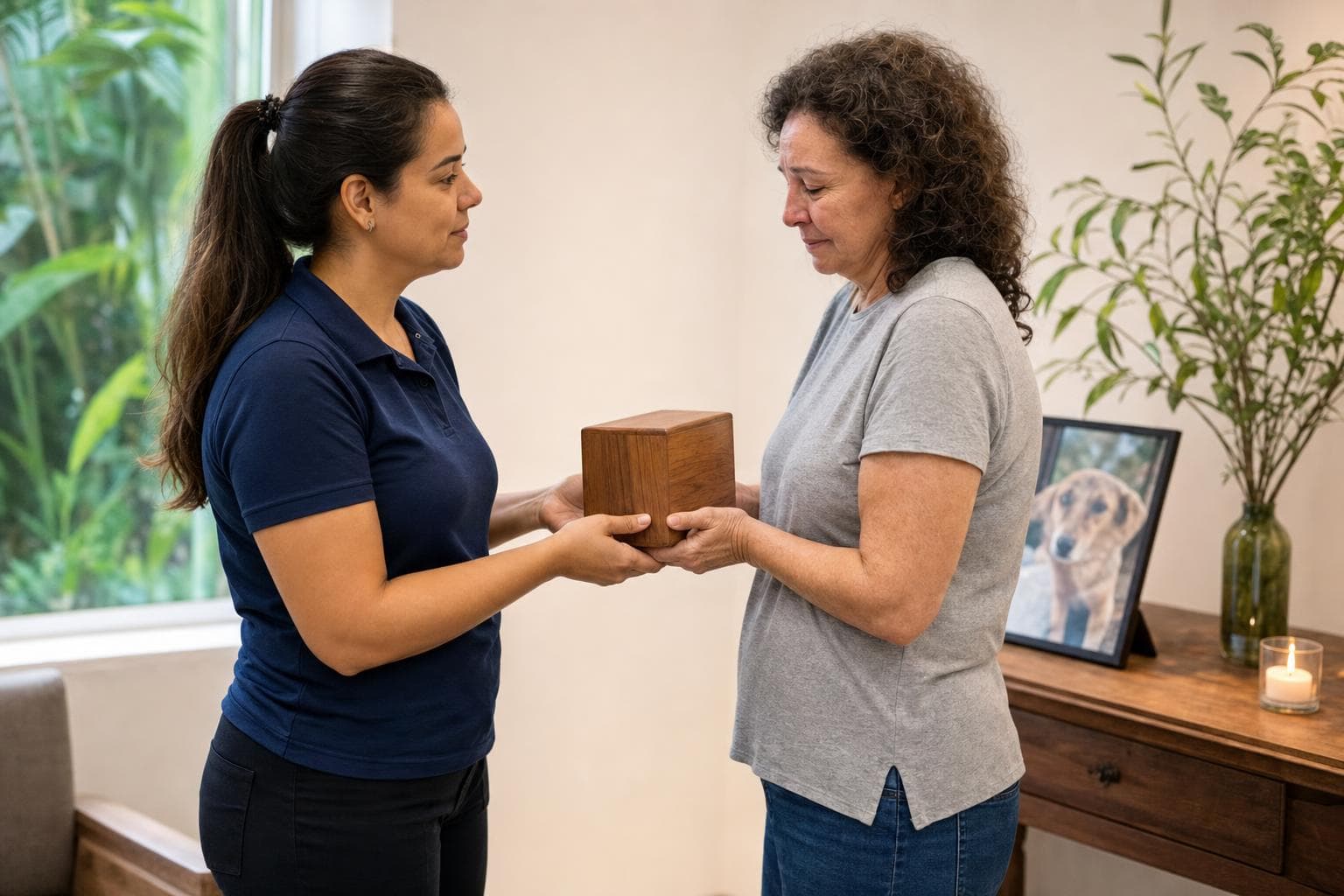 Atendente entregando uma pequena urna de madeira a uma tutora em sala de despedida de crematório pet