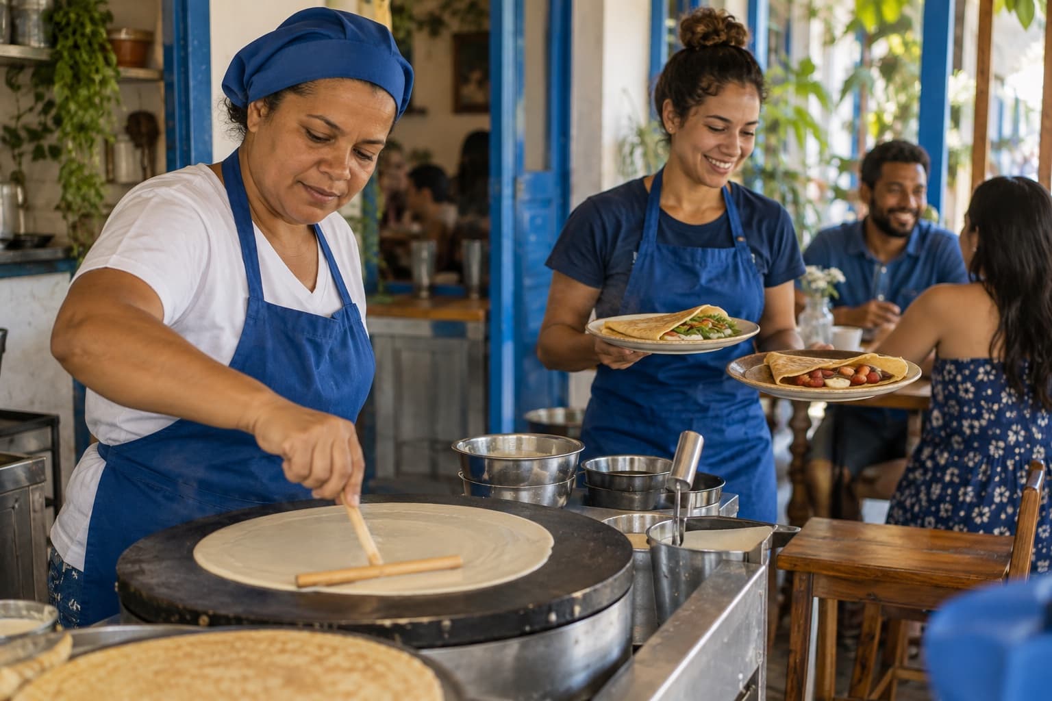 Cozinheiro de camisa azul espalhando massa de crepe em uma crepeira redonda em uma creperia aconchegante, com pratos de crepes recheados sendo servidos