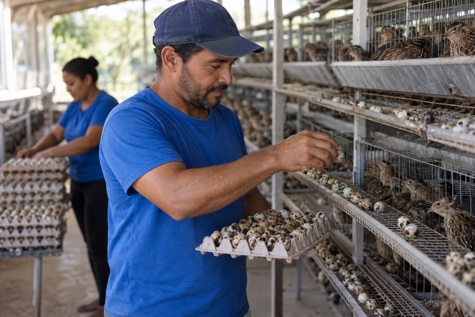Criador de camiseta e boné azuis recolhendo ovos de codorna pintados das calhas das gaiolas num galpão limpo, com bandejas empilhadas ao lado