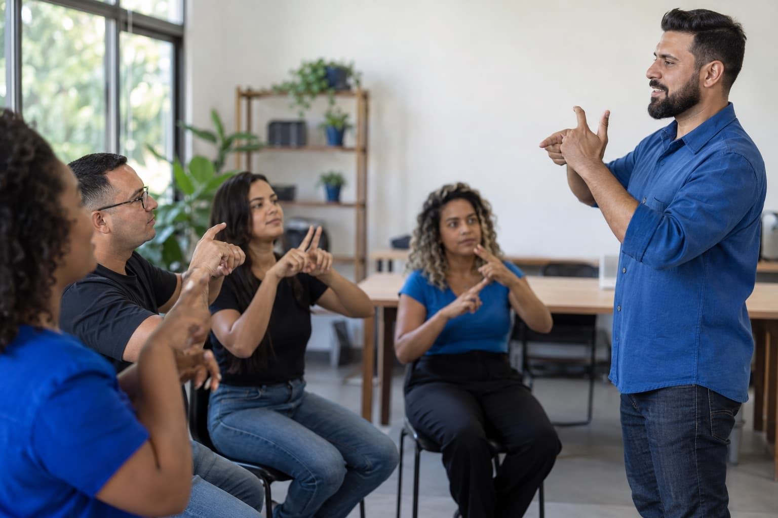 Instrutor de camisa azul ensinando Língua Brasileira de Sinais a um pequeno grupo de adultos numa sala clara, com as mãos em movimento