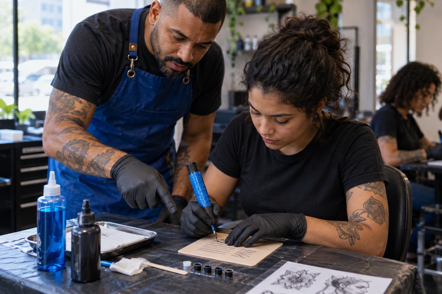 Instrutor tatuado de avental azul orientando uma aluna de luvas pretas que treina traços com máquina de tatuagem em pele sintética