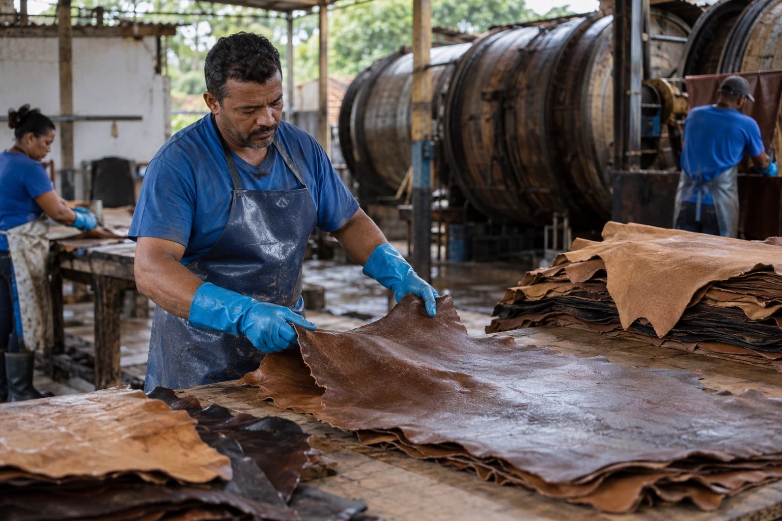 Trabalhador de avental azul e luvas de borracha classificando couros sobre uma mesa de madeira num curtume, com pilhas de couro acabado e fulões ao fundo