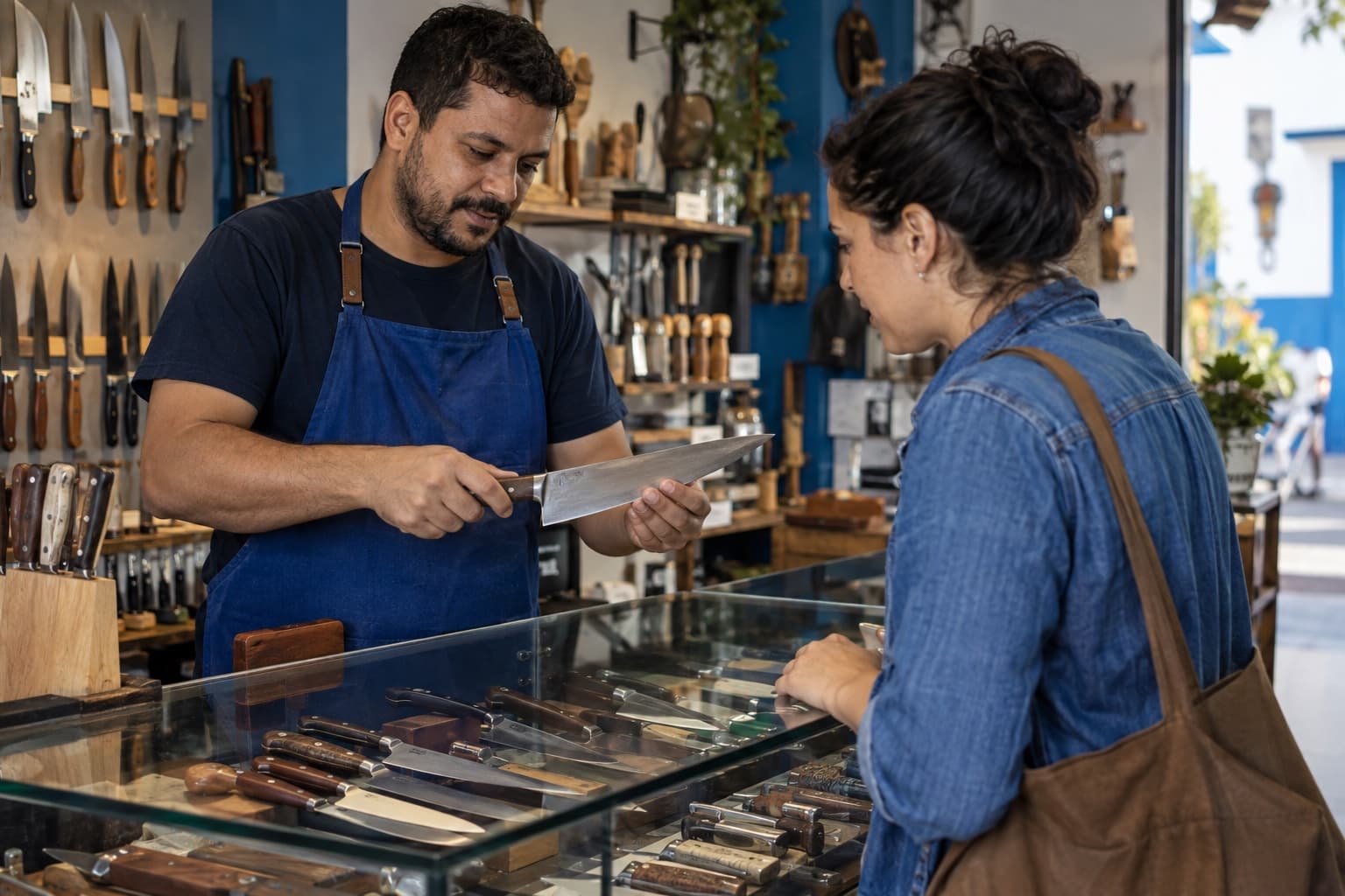 Vendedor de avental azul mostrando uma faca de chef a uma cliente diante de um balcão de vidro cheio de facas de cozinha e facas artesanais numa cutelaria