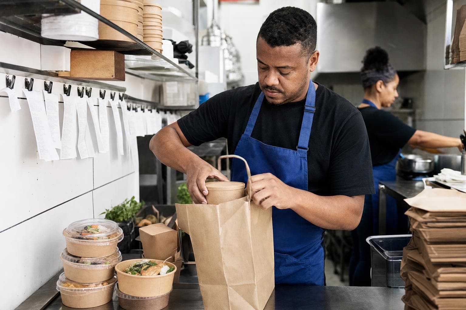 Cozinheiro montando pedidos em embalagens de delivery numa cozinha sem salão