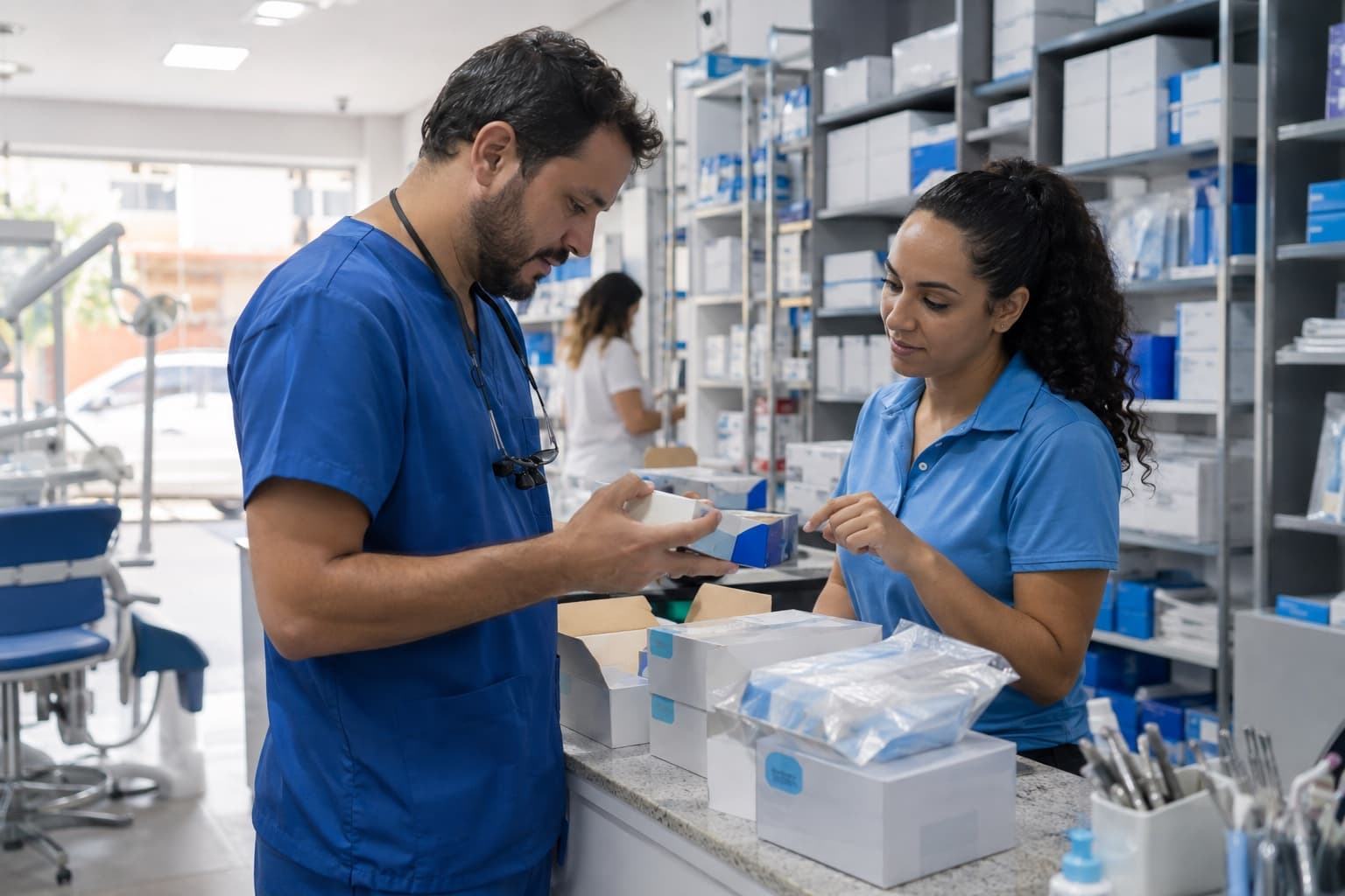 Dentista de uniforme azul conferindo caixas de materiais odontológicos com a atendente no balcão de uma dental