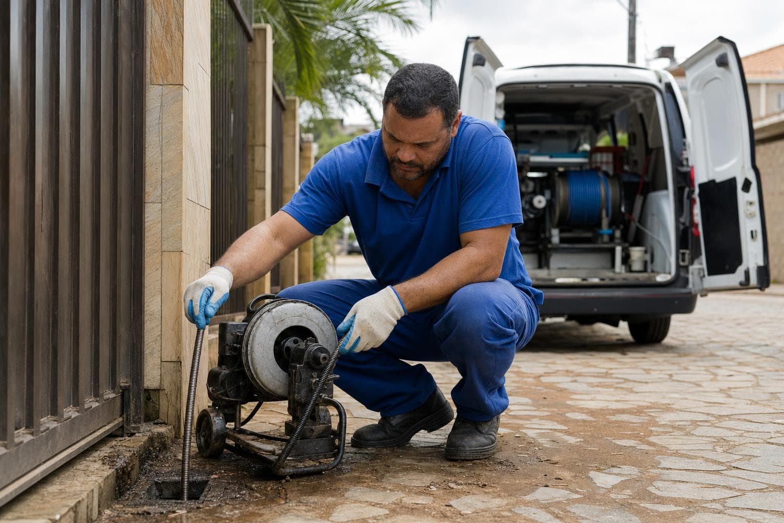 Técnico usando máquina desentupidora de cabo rotativo em um ralo externo