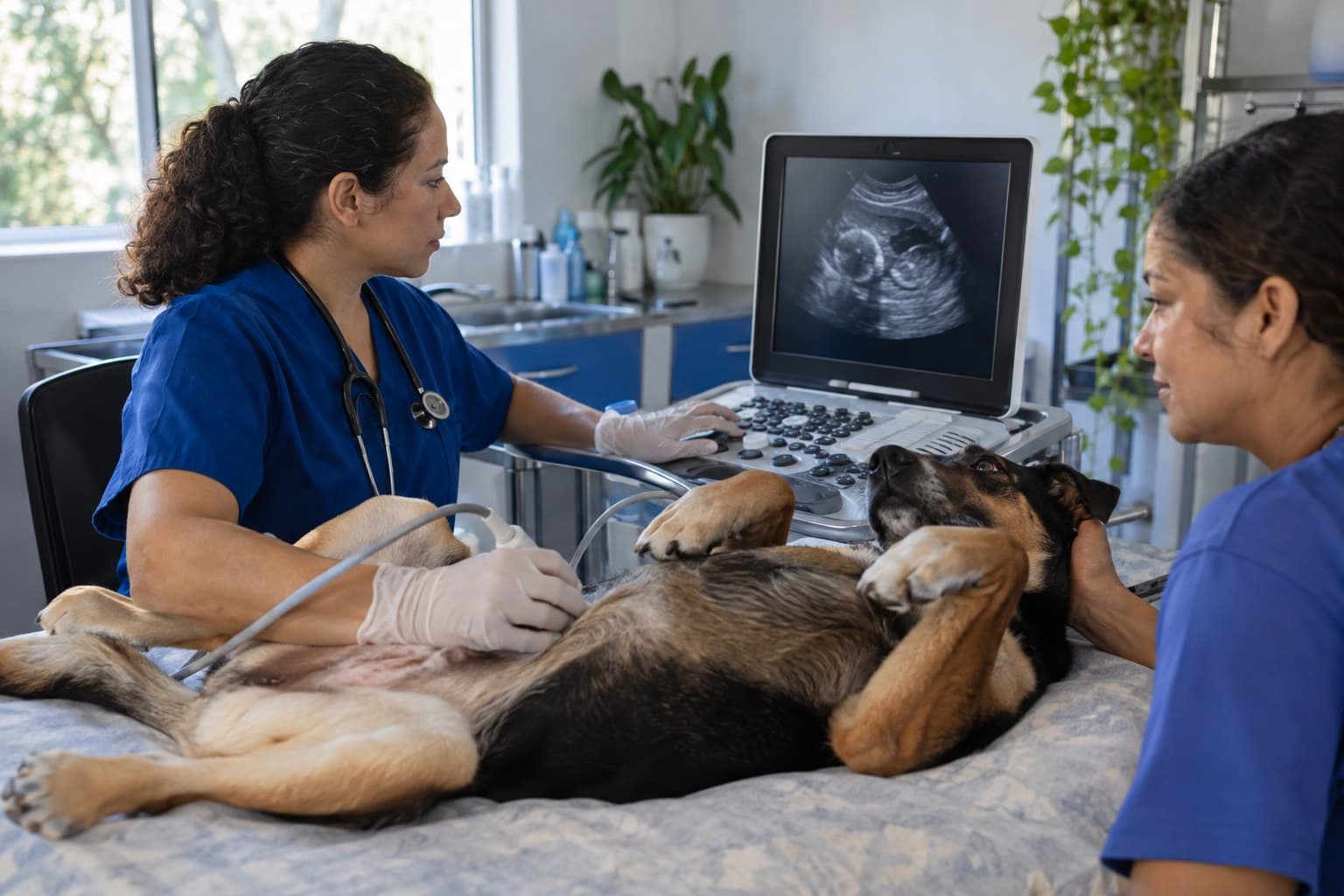 Veterinária de jaleco azul fazendo ultrassom no abdômen de um cachorro deitado numa calha acolchoada, com o monitor do aparelho mostrando a imagem