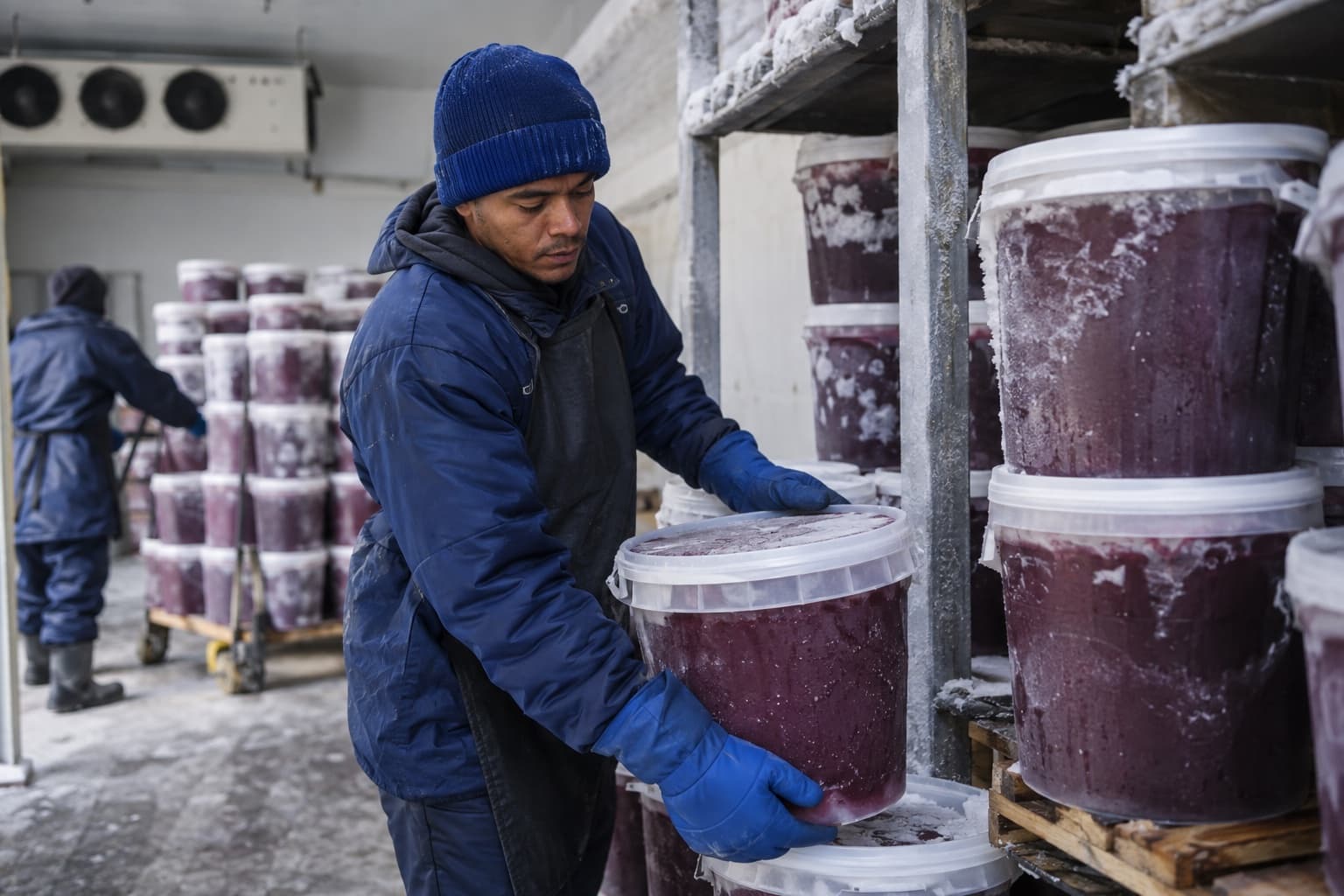 Funcionário em câmara fria manuseando baldes de polpa de açaí congelada empilhados em pallets