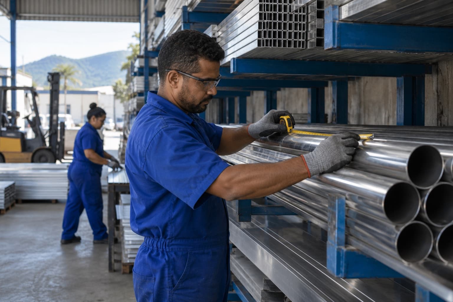 Trabalhador de macacão azul e luvas medindo um tubo de aço inox numa estante cantilever com perfis de alumínio ao lado