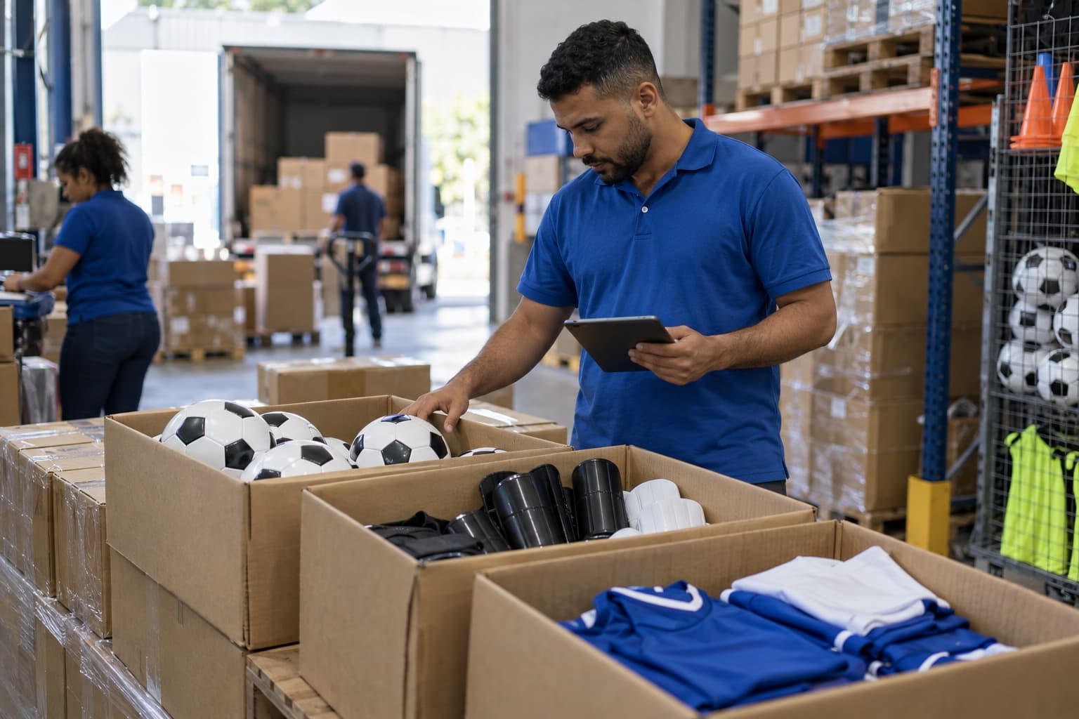 Funcionário de camisa polo azul conferindo caixas de bolas de futebol, caneleiras e camisas dobradas sobre um palete num depósito de artigos esportivos