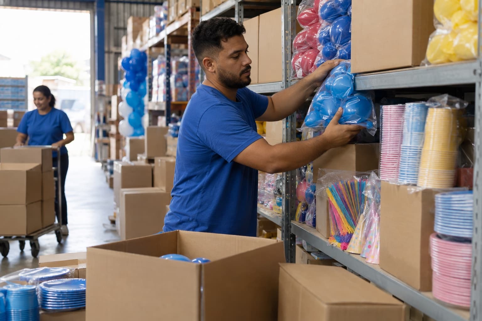 Funcionário de camisa azul organizando pacotes de balões, copos e pratos descartáveis e enfeites de festa nas prateleiras de uma distribuidora