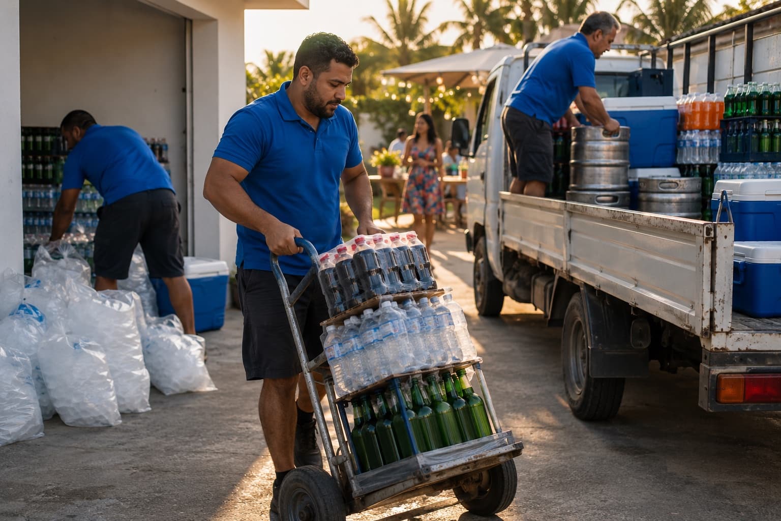 Entregador de polo azul empilhando engradados de refrigerante e barris de chope num carrinho ao lado de sacos de gelo e caixas térmicas, no fim da tarde