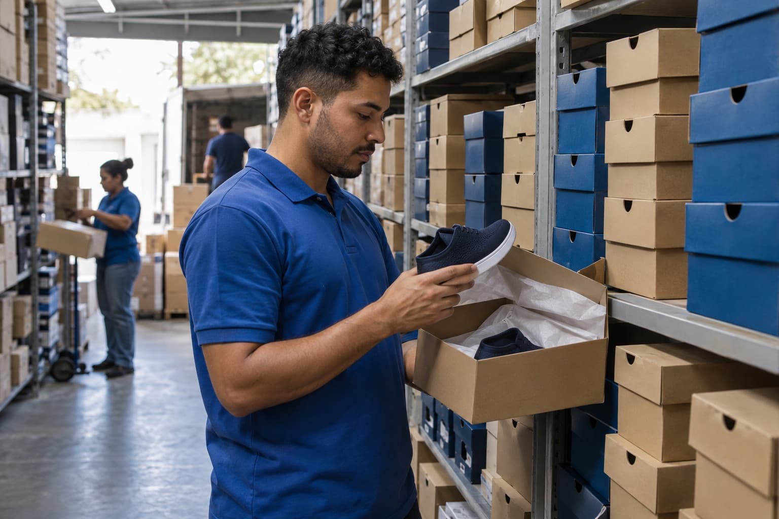 Funcionário de camisa polo azul abrindo uma caixa de sapato para conferir um par de tênis entre prateleiras de caixas organizadas por numeração