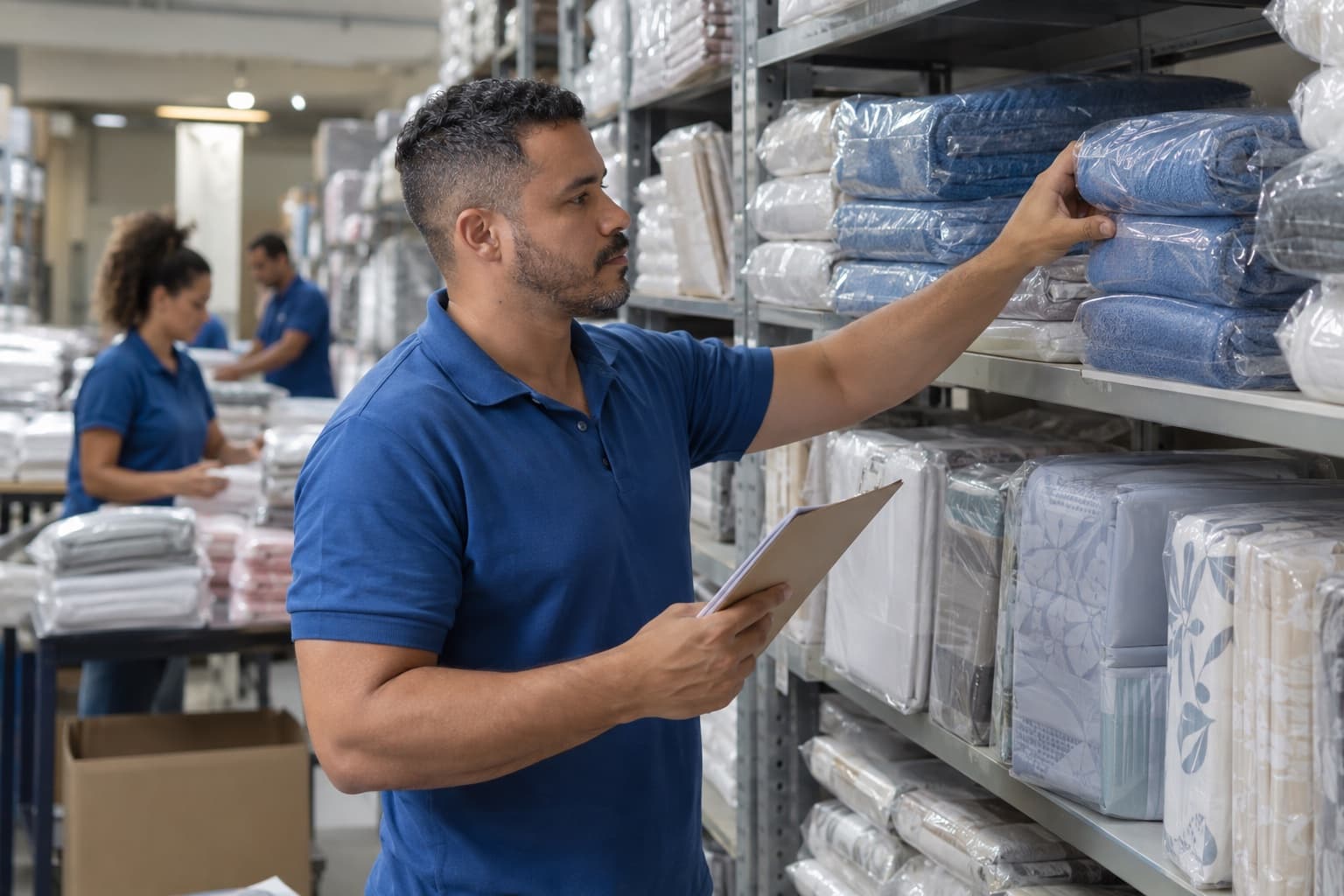 Funcionário de camisa polo azul empilhando toalhas embaladas e jogos de lençol nas prateleiras de um armazém de distribuidora de cama, mesa e banho