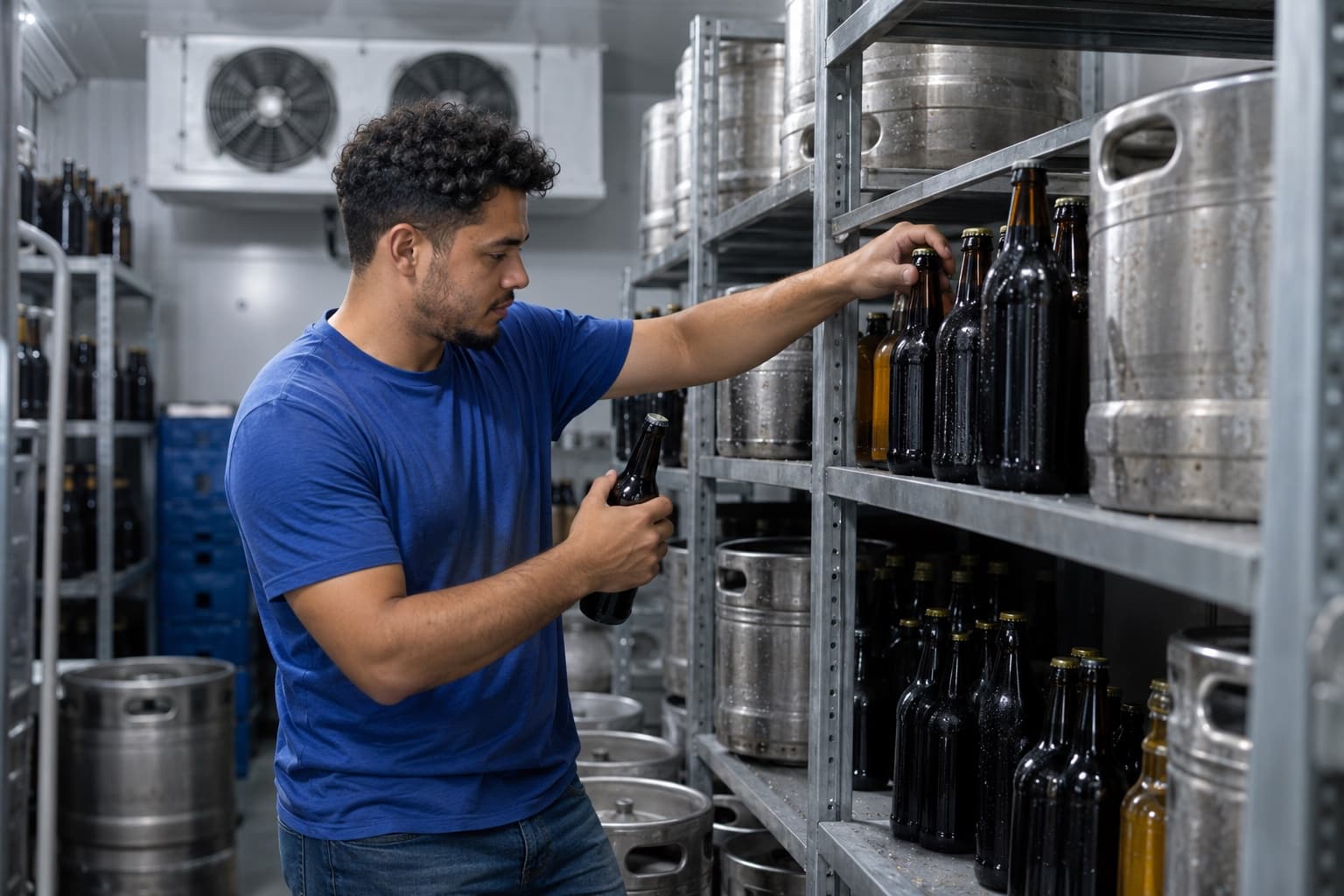 Rapaz de camiseta azul organizando garrafas de cerveja artesanal e barris de inox em prateleiras de uma câmara fria
