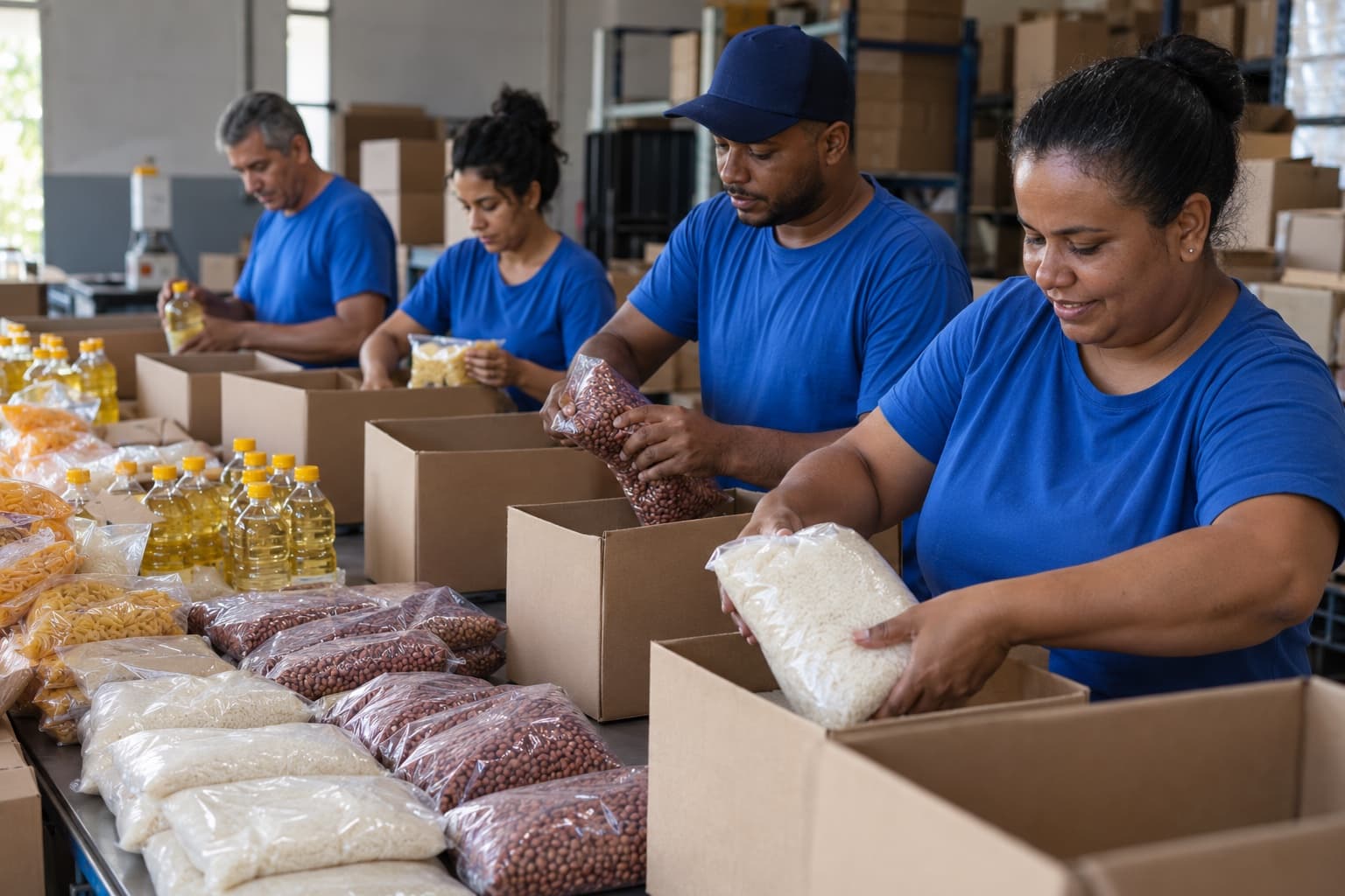 Funcionários montando cestas básicas em caixas de papelão com arroz, feijão, óleo e macarrão numa mesa comprida