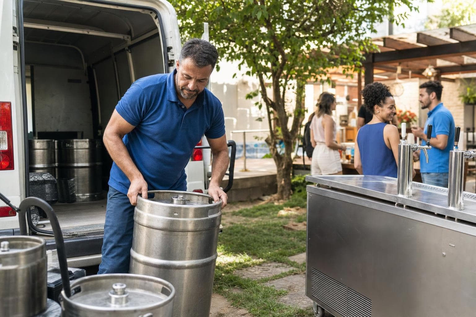 Entregador descarregando barris de inox de uma van ao lado de uma chopeira em um quintal preparado para festa