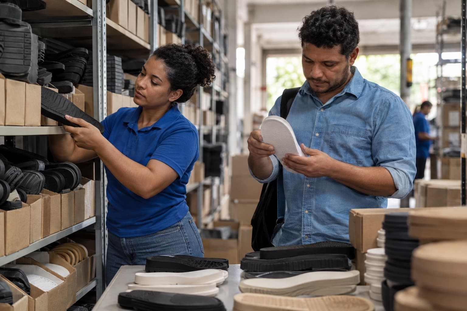 Funcionária de camisa azul conferindo caixas de solados de borracha enquanto um fabricante de calçados examina uma amostra de sola numa distribuidora de componentes