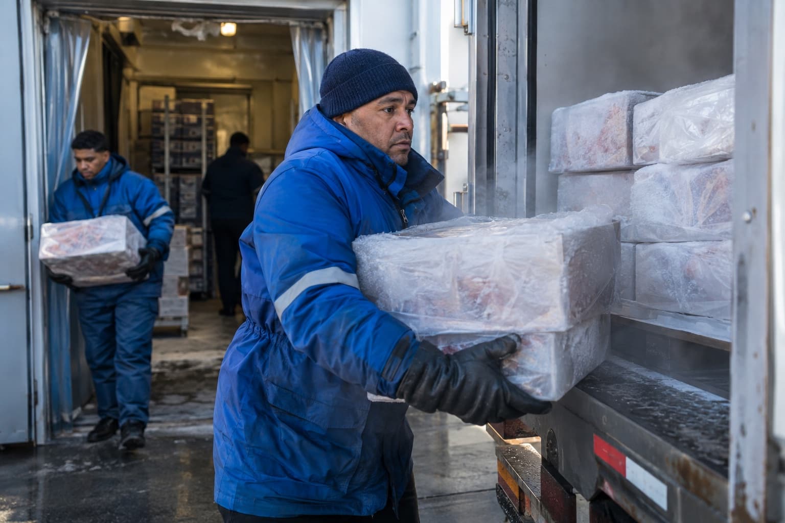 Trabalhador de jaqueta térmica azul carregando caixas de congelados de uma câmara fria para um caminhão refrigerado