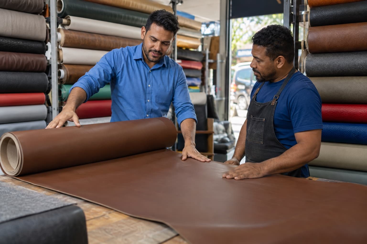 Vendedor de camisa azul desenrolando couro sintético marrom numa mesa de corte para um estofador, rolos coloridos empilhados em prateleiras ao fundo