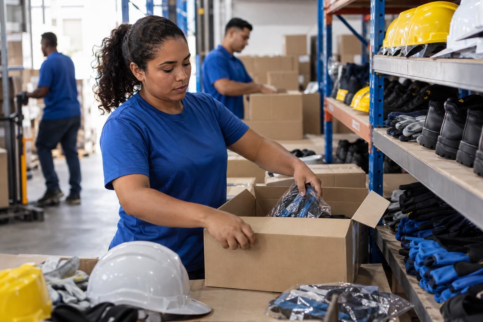 Funcionária de camisa azul montando caixas com botinas, luvas e capacetes de segurança para um pedido de empresa no galpão de uma distribuidora de EPI