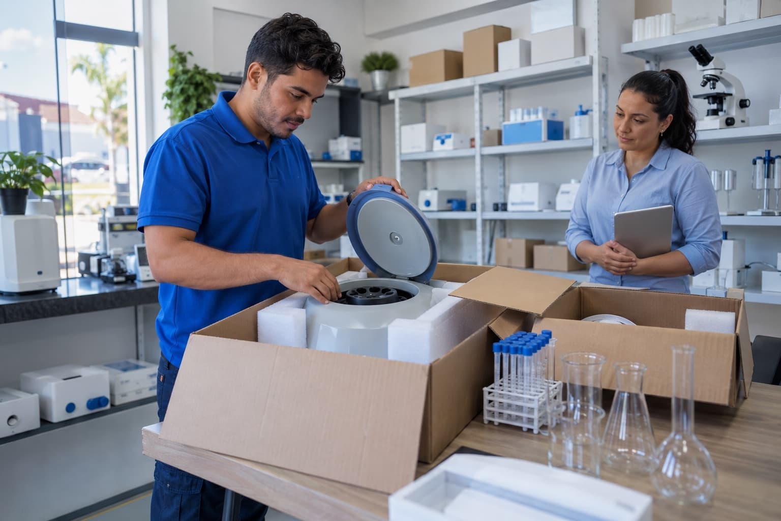 Técnico de polo azul desembalando uma centrífuga de laboratório num showroom com caixas de equipamentos nas prateleiras