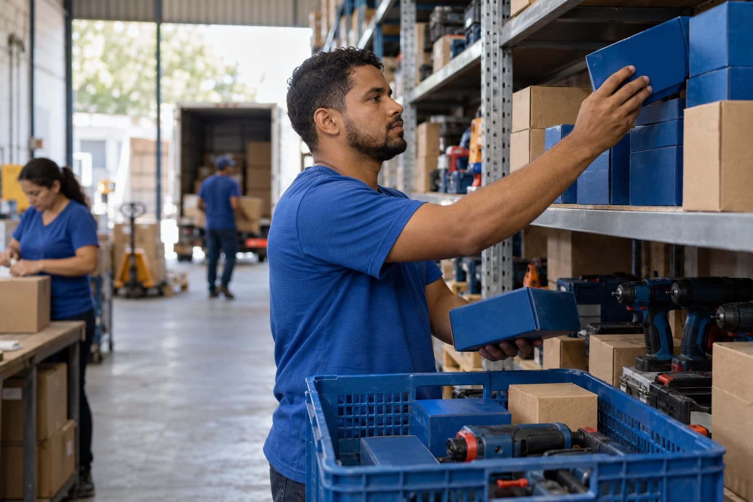 Separador de camisa azul retirando caixas de furadeiras e ferramentas manuais de prateleiras altas num depósito de distribuidora