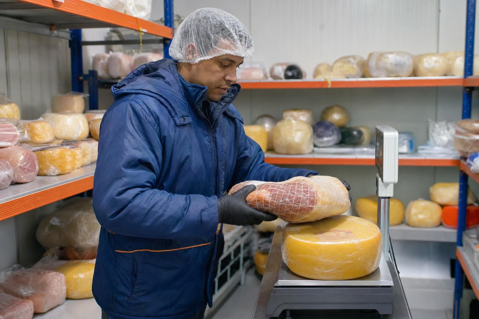 Conferente separando peças de queijo e presunto em câmara fria de uma distribuidora