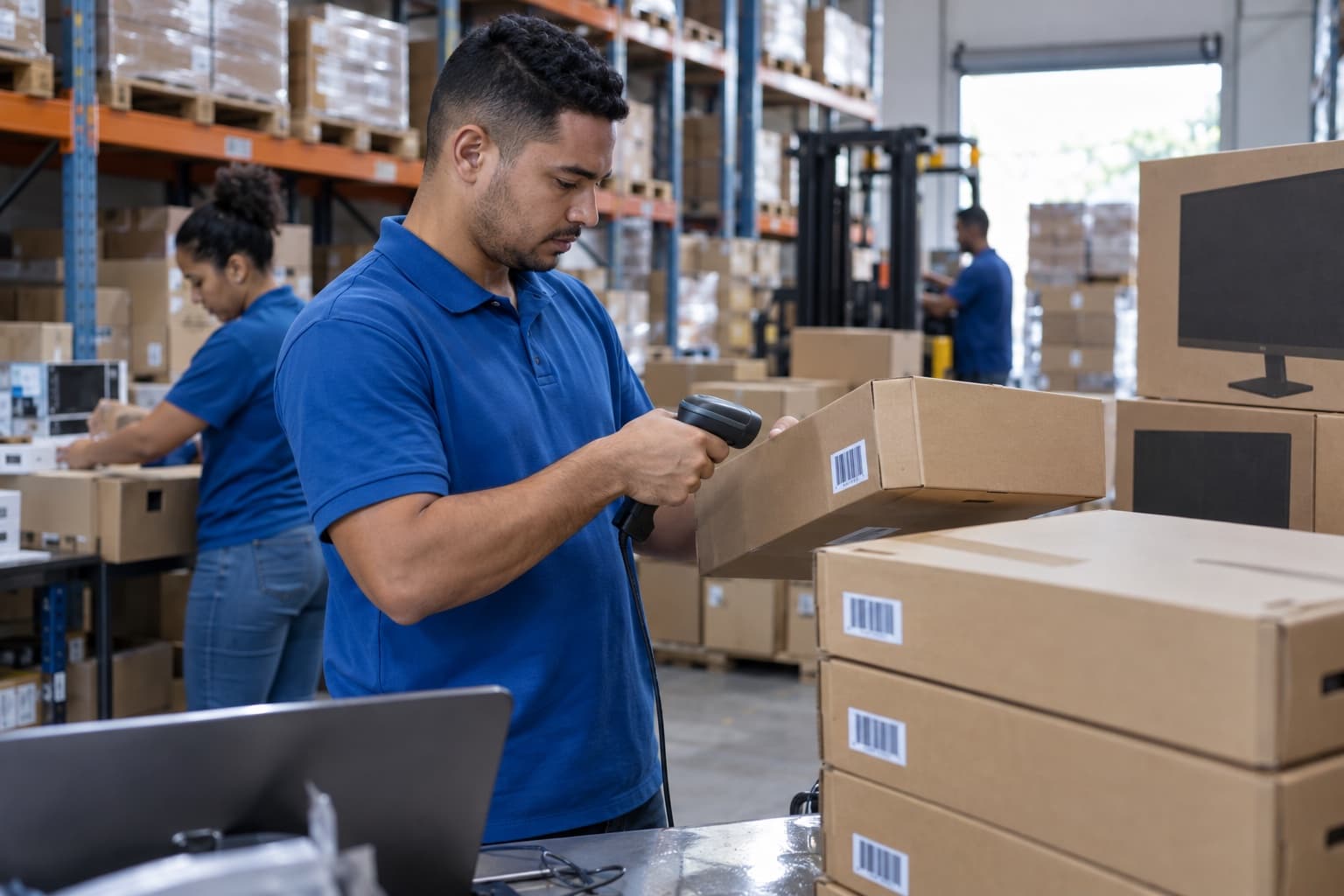 Funcionário lendo com leitor de código de barras caixas de notebooks e monitores num depósito de informática