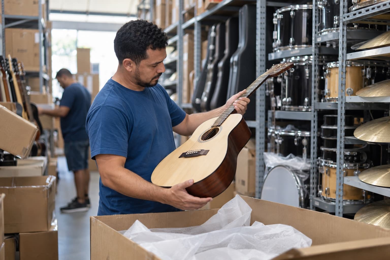Homem de camiseta azul inspecionando um violão retirado da caixa de transporte num depósito com estojos de guitarras e pratos de bateria nas prateleiras