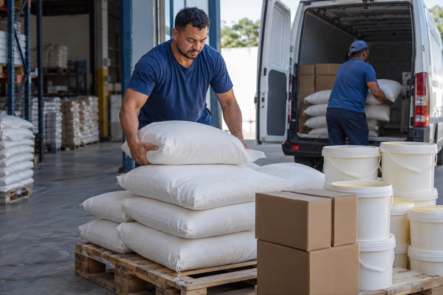 Funcionário empilhando sacos de farinha de 25 kg em um pallet ao lado de baldes de margarina no depósito