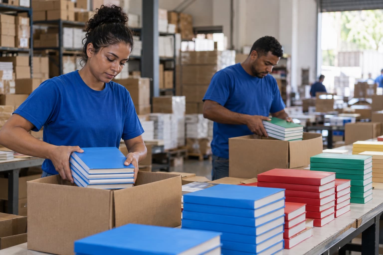 Dois funcionários de camisa azul montando caixas de livros didáticos separados por série em mesas longas de um galpão antes do início do ano letivo