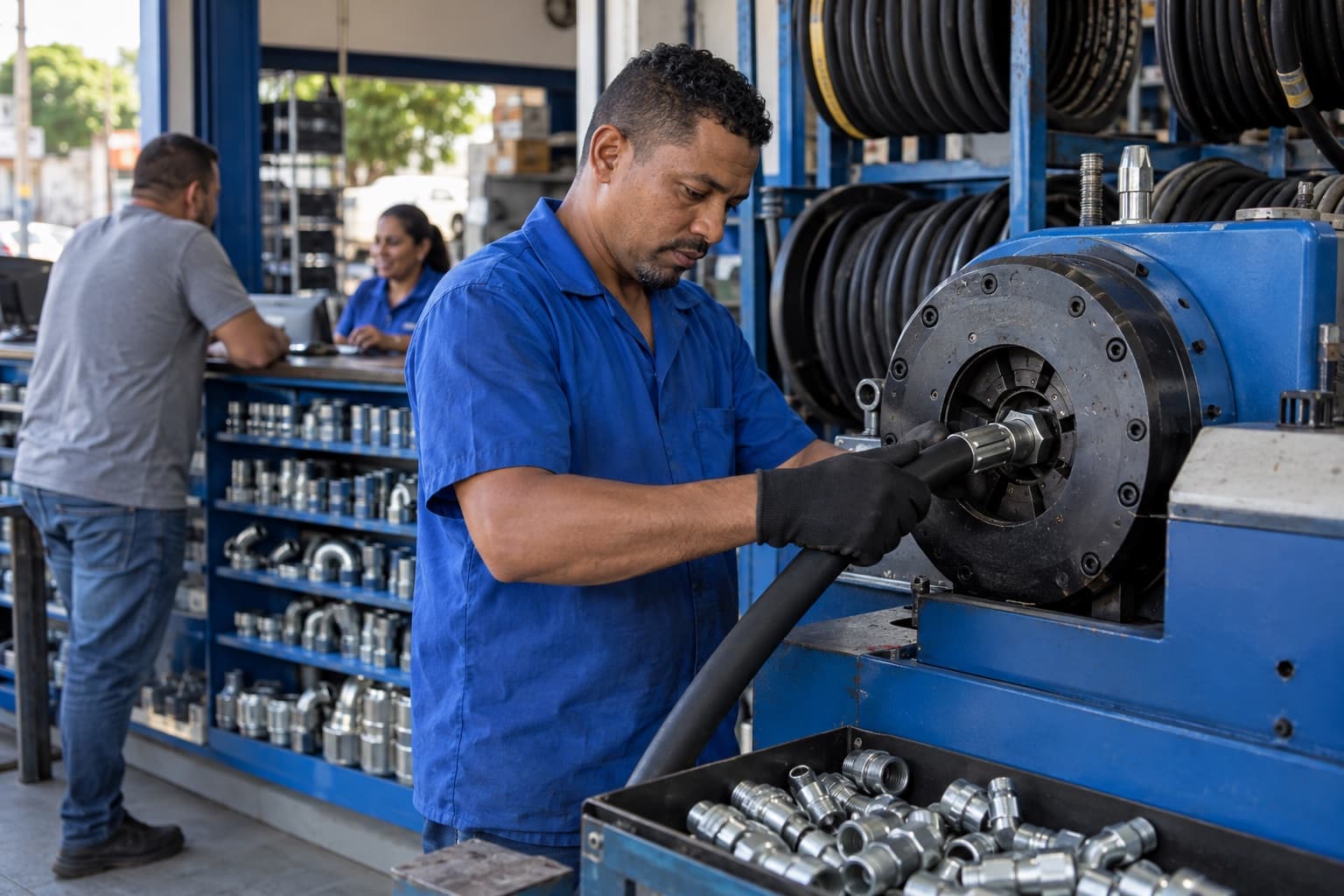 Técnico de camisa azul prensando um terminal numa mangueira hidráulica preta, com bobinas de mangueira e gavetas de conexões ao fundo