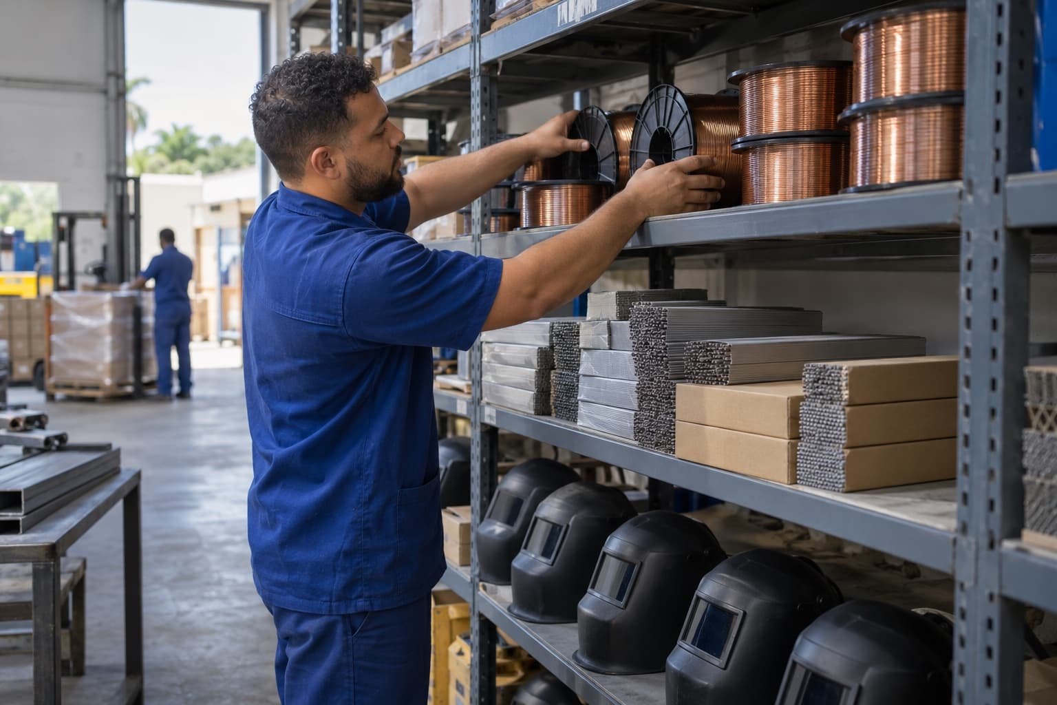 Funcionário de uniforme azul organizando carretéis de arame de solda, caixas de eletrodos e máscaras numa prateleira de depósito