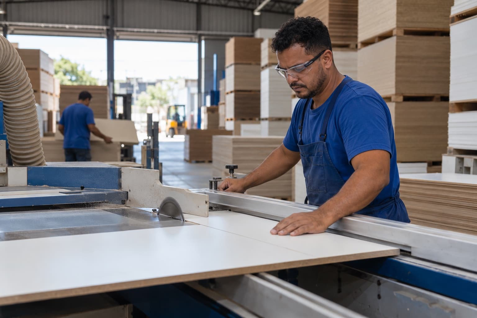 Operador de uniforme azul cortando uma chapa de MDF branco numa seccionadora com pilhas de chapas ao fundo