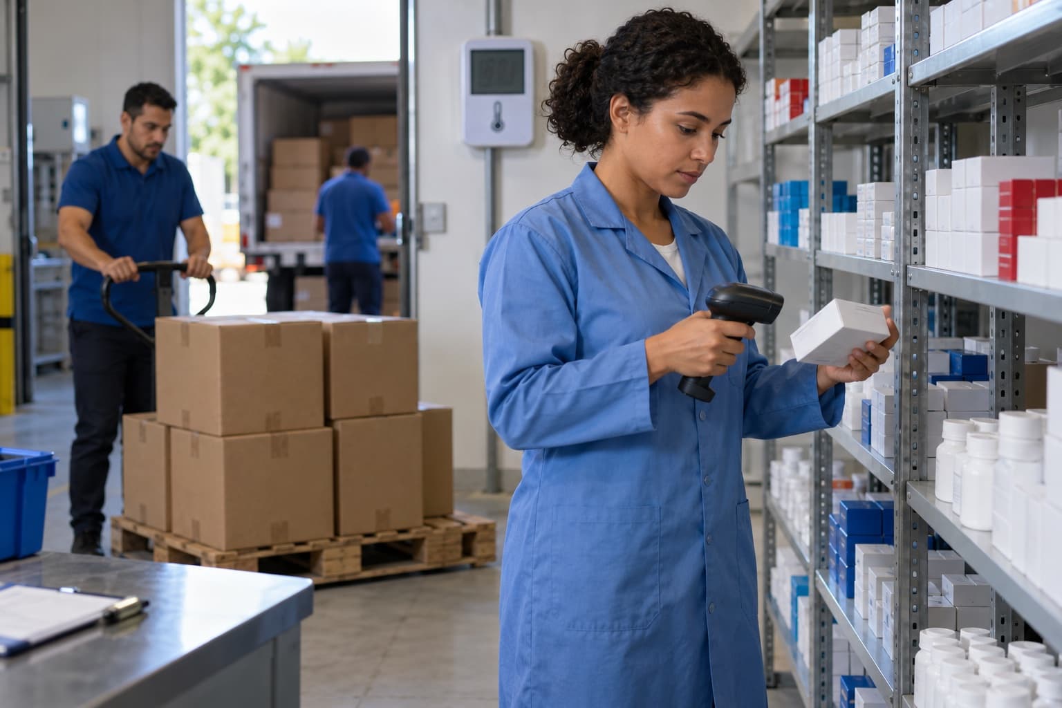 Farmacêutica de jaleco azul conferindo caixas de medicamentos com leitor de código de barras em prateleiras de aço de um depósito de distribuidora