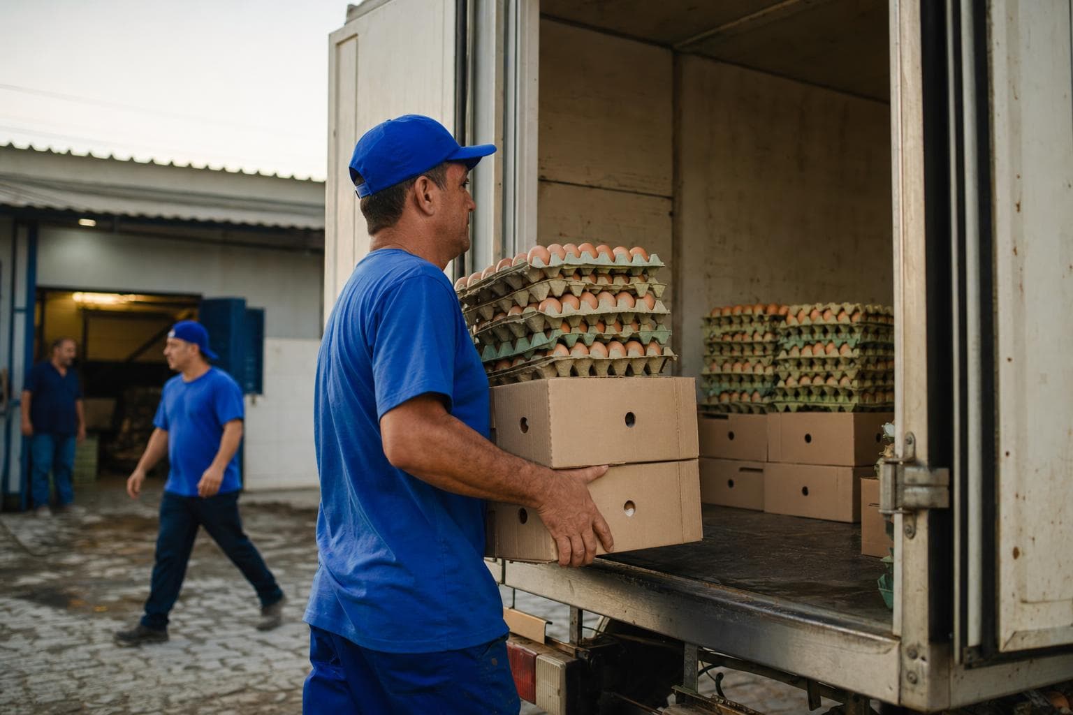 Entregador carregando caixas de ovos empilhadas na carroceria de um caminhão baú