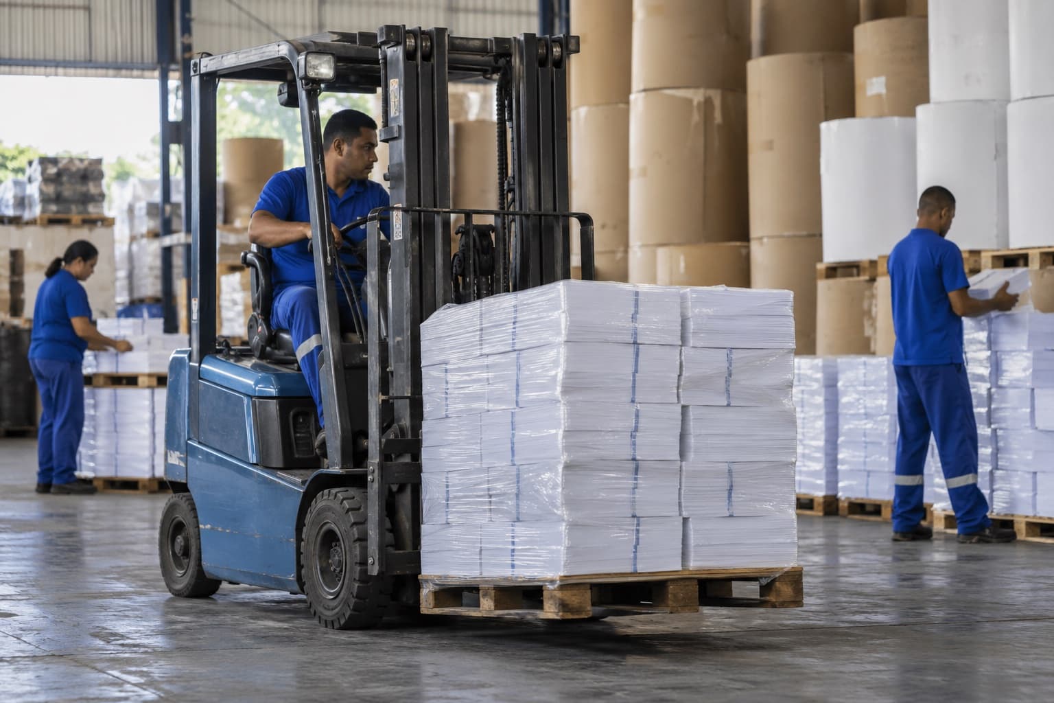 Operador de empilhadeira de uniforme azul movendo um palete de resmas de papel num depósito com bobinas ao fundo