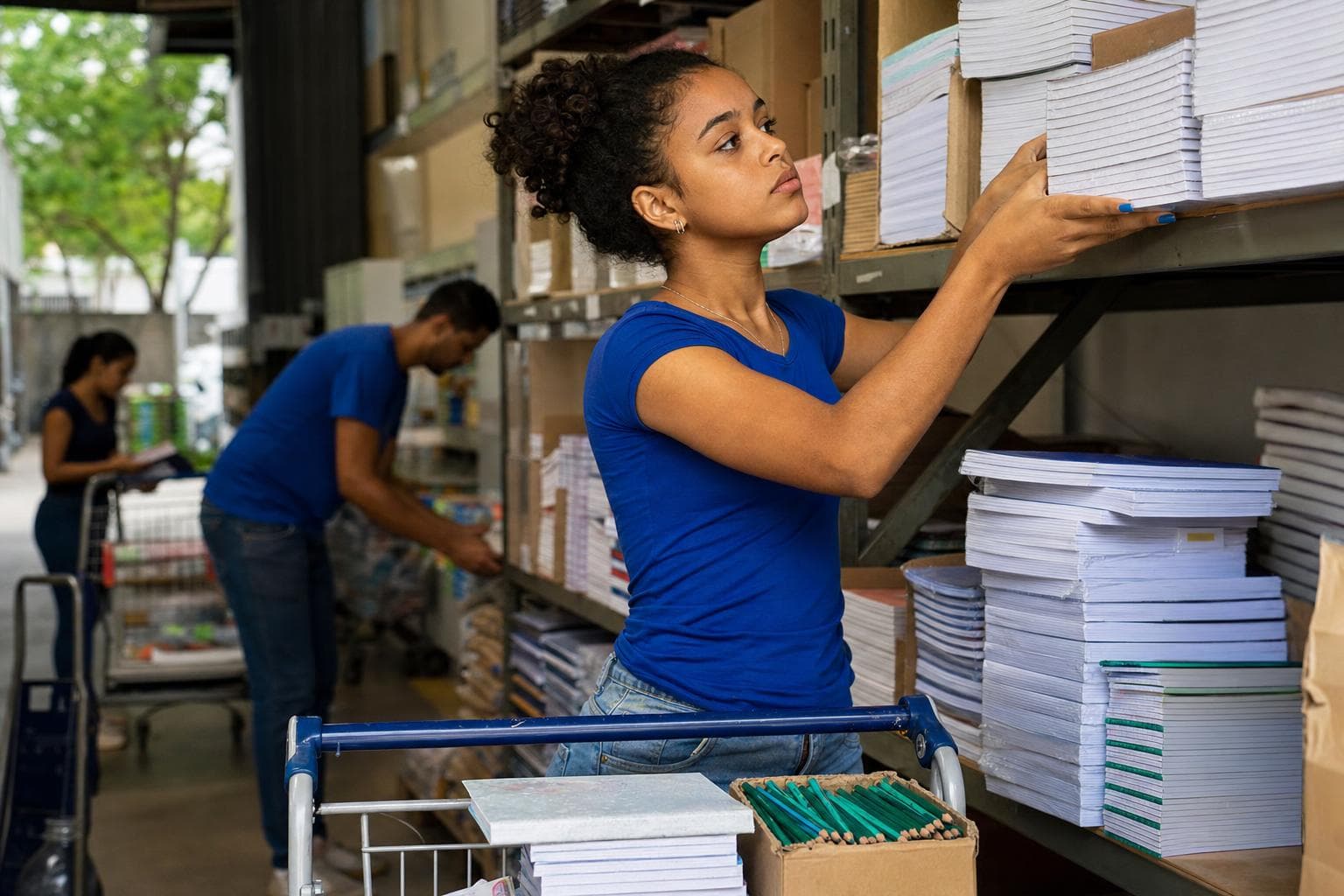 Separadora montando pedido de cadernos e caixas de lápis em corredor de estoque de uma distribuidora