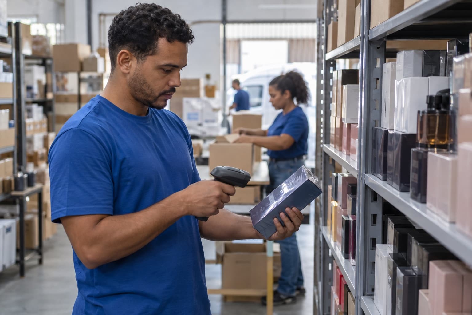 Funcionário de camisa azul lendo com coletor o código de caixas lacradas de perfume em prateleiras organizadas do estoque de uma distribuidora