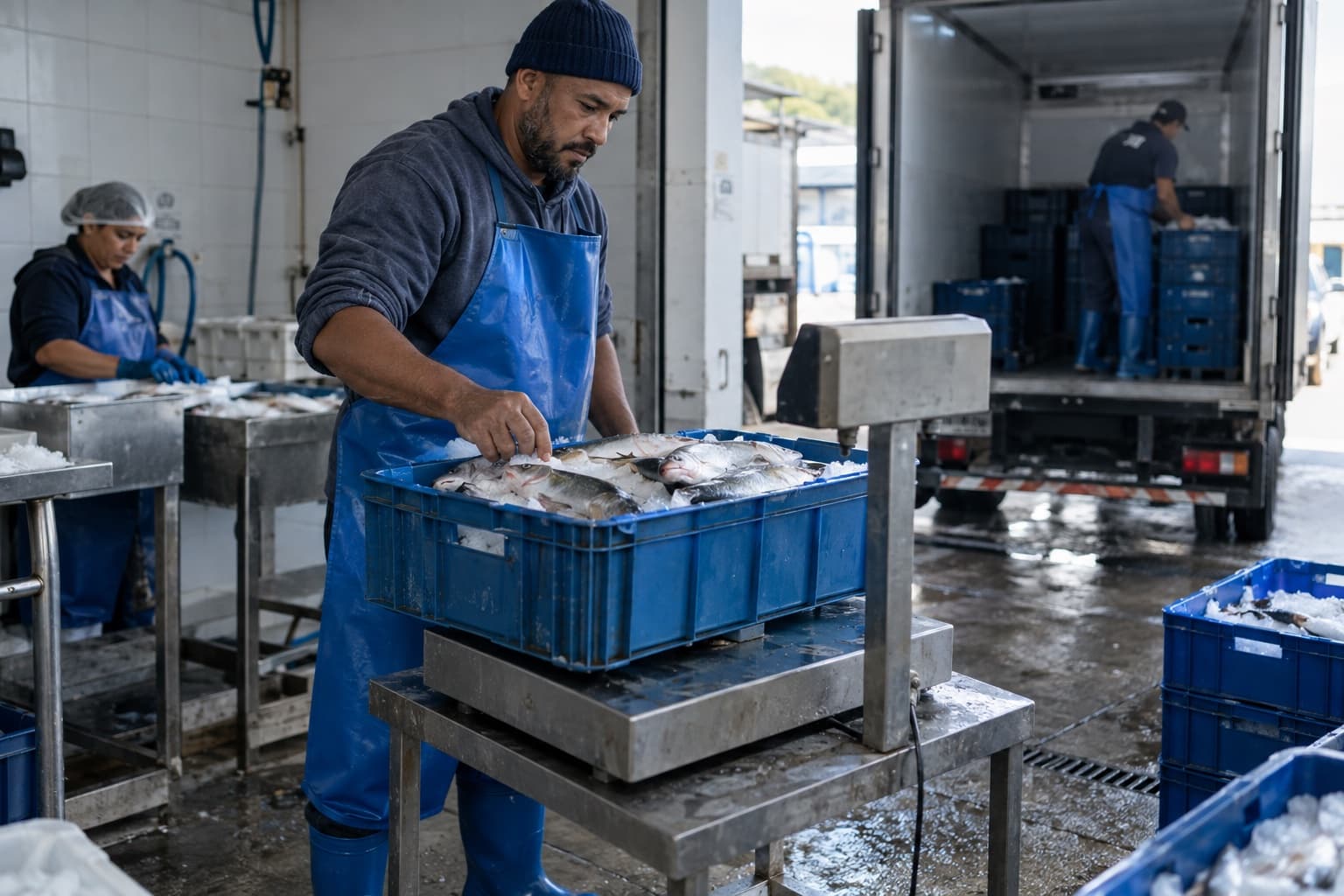 Funcionário de avental azul pesando peixes frescos com gelo numa caixa plástica dentro da câmara de uma distribuidora de pescados
