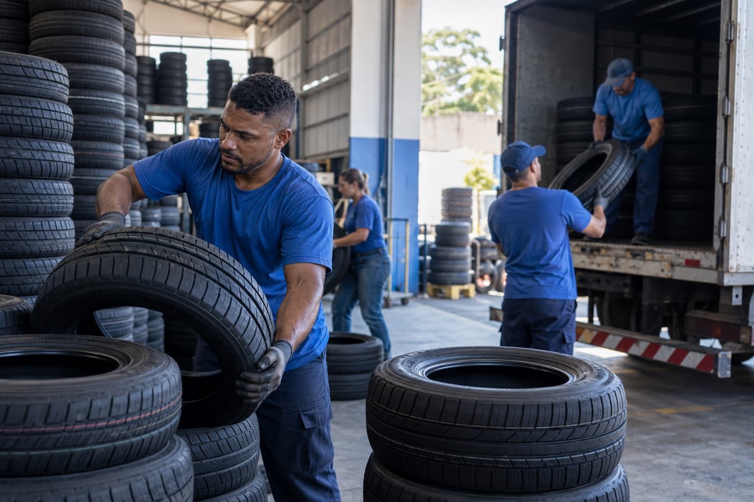 Funcionários empilhando pneus novos de carro e caminhão num depósito, com um caminhão sendo carregado na doca