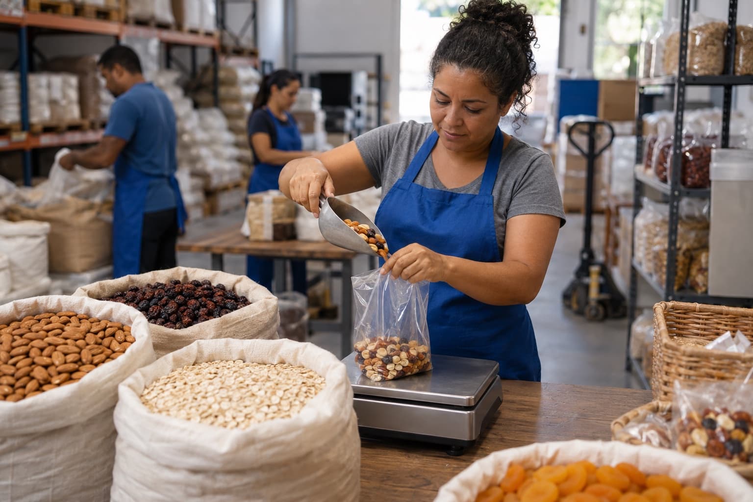 Mulher de avental azul pesando e embalando castanhas, aveia e frutas secas de grandes sacos numa balança digital de distribuidora