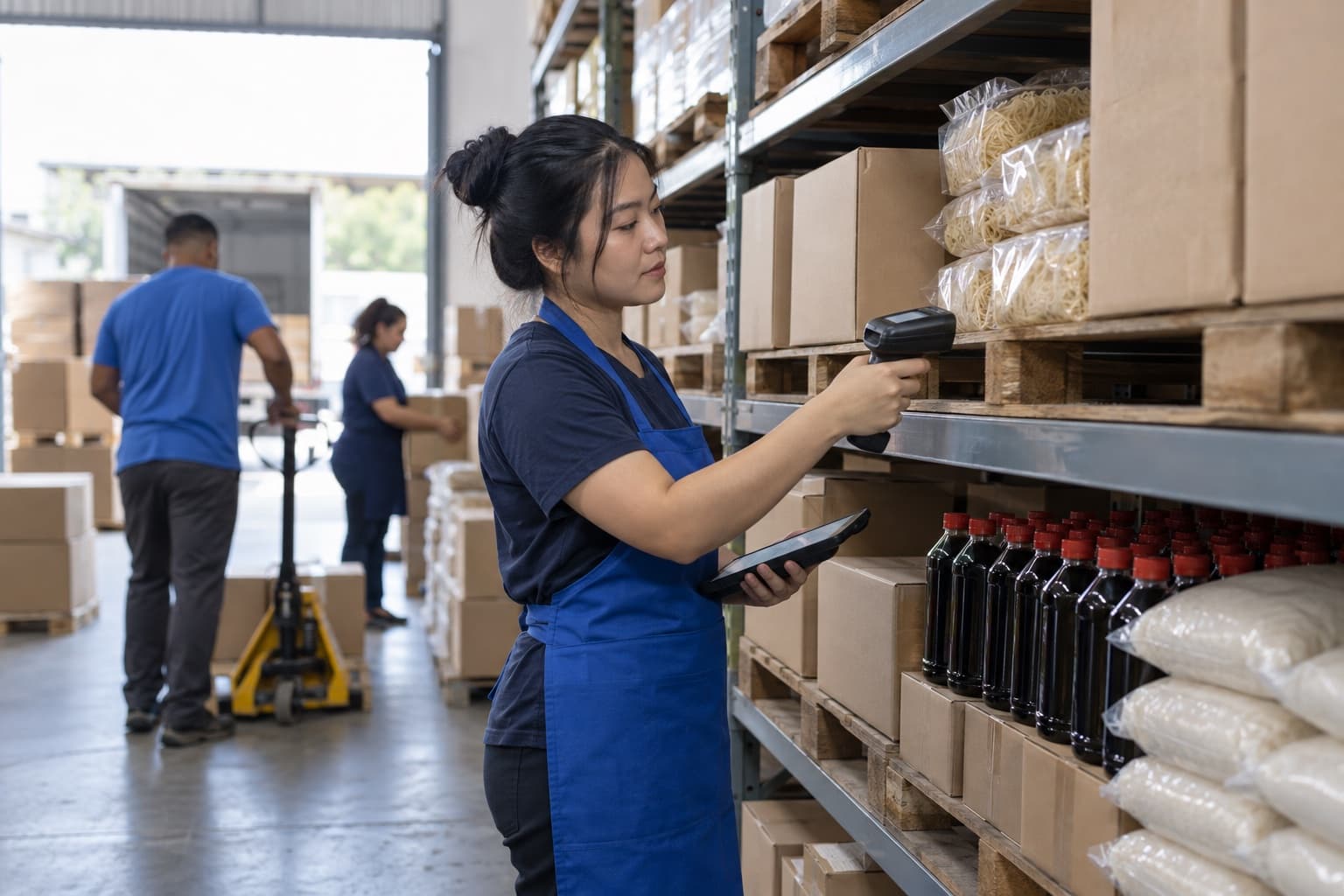 Funcionário nipo-brasileiro de avental azul conferindo com leitor portátil caixas de macarrão, garrafas de molho de soja e sacos de arroz nas prateleiras de uma distribuidora