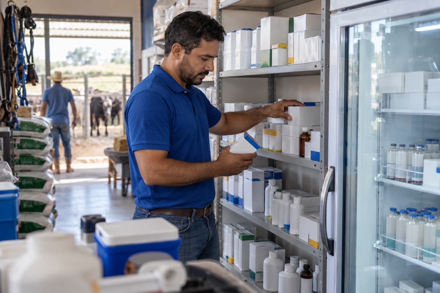 Funcionário de polo azul conferindo caixas de produtos veterinários em prateleiras com uma geladeira de vacinas ao lado