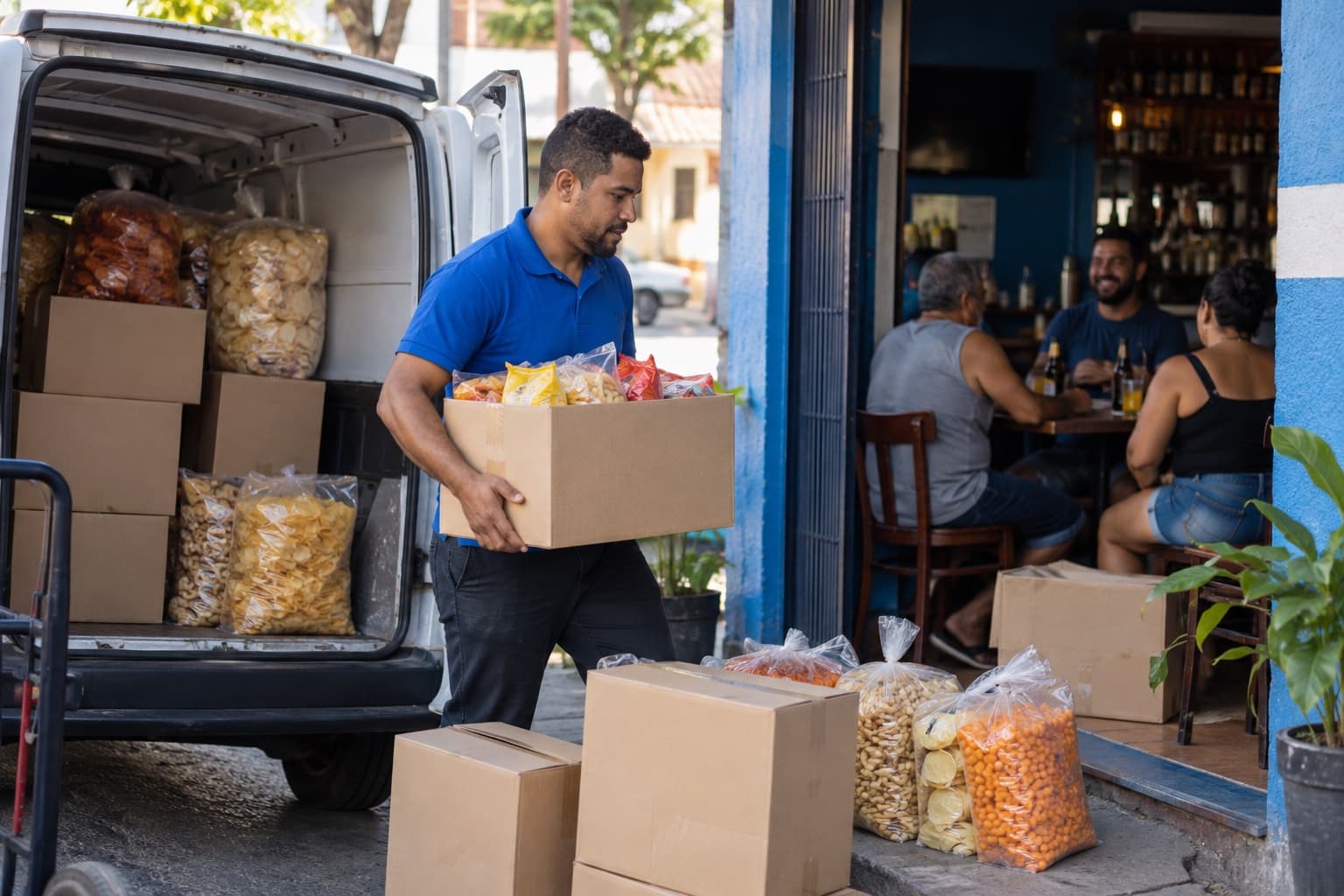 Vendedor de camisa polo azul descarregando caixas e fardos de salgadinhos de uma van em frente a um bar de bairro